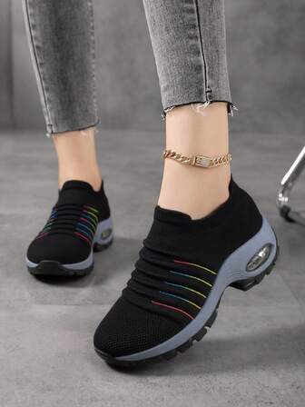 Women's Pink Casual Cushioned Shock-Absorbing Slip-On Knit Sneakers, Dancewear