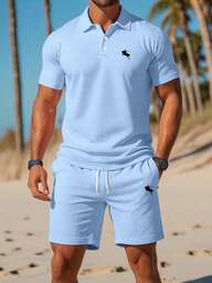 Men's Casual Commuting Knight Short Sleeve Polo Shirt And Drawstring Waist Shorts Set