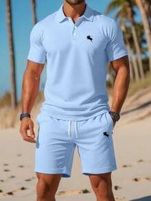 Men's Casual Commuting Knight Short Sleeve Polo Shirt And Drawstring Waist Shorts Set