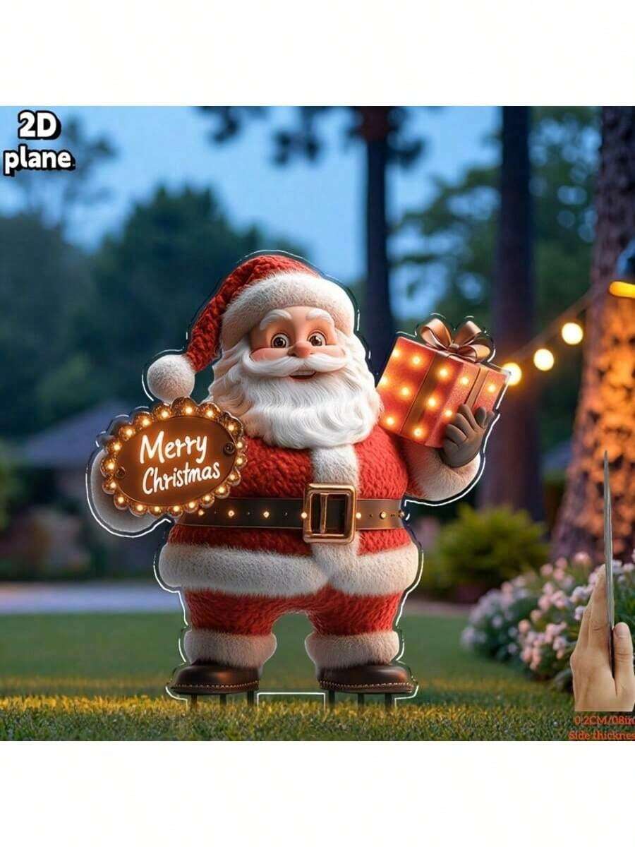 2D 平面，1 件圣诞老人草坪桩装饰，圣诞老人携带礼物，圣诞快乐标志，大型 30x22 厘米户外庭院装饰，无需电力，易于安装地桩 - 彩色 - 查看 1