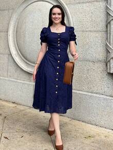 Women's Midi Dress, Casual, Elegant, Cotton, Daily - 藏蓝色 - 查看 8
