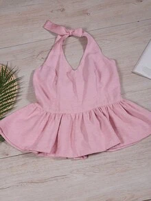 Women's Casual Sleeveless Ruffles Two Piece Set With Long Linen Trousers - Màu Hồng baby - Xem 4