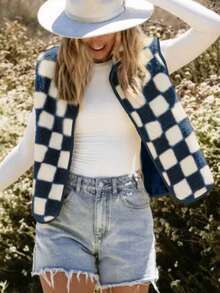 Ins 风格棋盘格蓬松背心女短款复古方格图案宽松无袖夹克外套，秋冬 - 藍色 - 查看 5