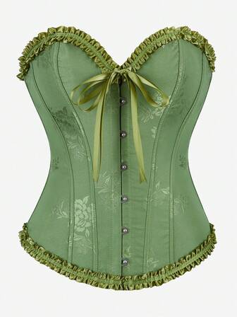 Overbust Bustier Corset Top, Pleated Ruffle Trim Waist Cincher Bodysuit, Formal Occasion Tight Fit Backless Lace-Up Corset For Women, Classic Retro Costume For Halloween