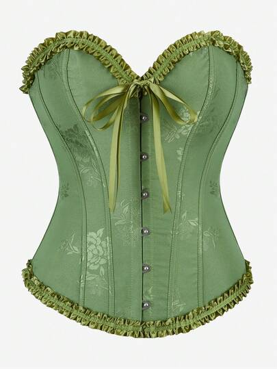 Overbust Bustier Corset Top, Pleated Ruffle Trim Waist Cincher Bodysuit, Formal Occasion Tight Fit Backless Lace-Up Corset For Women, Classic Retro Costume For Halloween