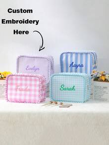 Personalized Embroidered Makeup Bag For Girls, Custom Name Gingham Toiletry Pouch With Cute Ruffle Trim, Soft Pastel Travel Cosmetic Organizer, Lightweight Large Capacity Storage Bag, Ideal Gift For Friends, Bridesmaids, Or Christmas