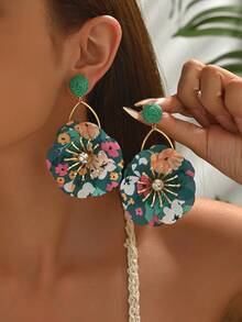 1 Pair Bohemian Style Dark Green Rattan Fabric Flower Tassel Earrings, Elegant Beach Vacation Vibe Unique Luxury Earrings, Sweet Floral Tassel Earrings Suitable For Women Beach Travel And Daily Wear