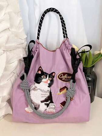 1 pieza Bolso de compras de nailon ligero y versátil con patrón bordado de gato de café, correa de hombro ajustable para uso diario, compras, fiestas