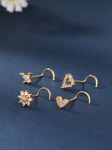 4 piezas / 1 pieza Conjunto de pendientes de nariz con forma de corazón y mariposa - Joyería de piercing de nariz de 20G CZ para mujeres, pin de piercing de fosa nasal - Tornillo de nariz - Ver 4