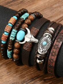 6pcsWomen's Bohemian Retro Stackable Turquoise Bracelet - Western Rustic Beaded Bull Head Charm Elastic Jewelry For Party & Casual Wear - 6pcs - View 2