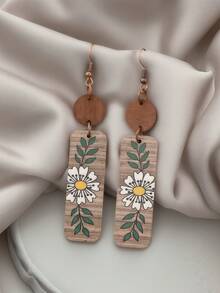 1 Pair Vintage Bohemian 3D Floral Printed Wooden Disc Dangle Earrings