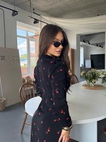 Stylish Women's Maxi Dress Black Floral & Leaf Print V-Neck Long Sleeve A-Line Flared Woven Fabric With Button Accents