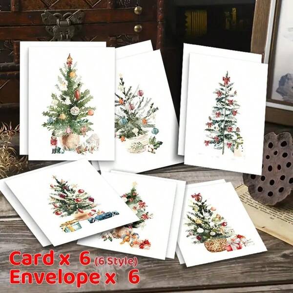 Set de 12 tarjetas de felicitación de árboles de Navidad en acuarela con sobres - Perfectas para las fiestas, Año Nuevo y notas de agradecimiento - Feliz Navidad, bendiciones navideñas y de Año Nuevo