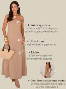 Elegant Strapless Long Linen Dress Linen Wedding Office Holiday Formal And Evening - 卡其色 - 查看 6