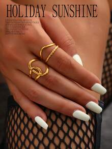 2 件简约不锈钢开口戒指套装，时尚小众设计，用途广泛 - 金29 - 查看 5