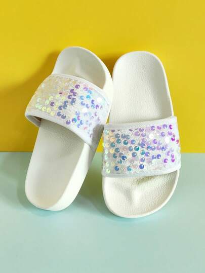 1 Pair Girls Glitter Casual Fashion Slippers, Soft Comfortable Bling Bling Flat Slides, Suitable For Home, Outdoor, Beach, Pool, Party, All Seasons