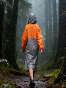 1pc Gray & Orange Splice Waterproof Raincoat, Full Body Protection, Thick Outdoor Hiking Rain Poncho