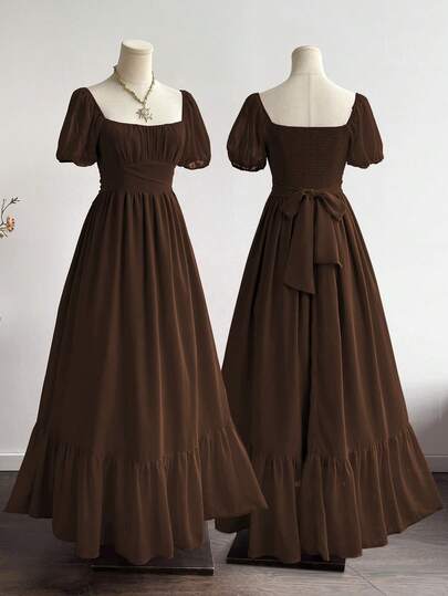 Rusttydustty 女士优雅休闲收腰棕色雪纺长袖荷叶边连衣裙，适合新年、情人节和夏季穿着。