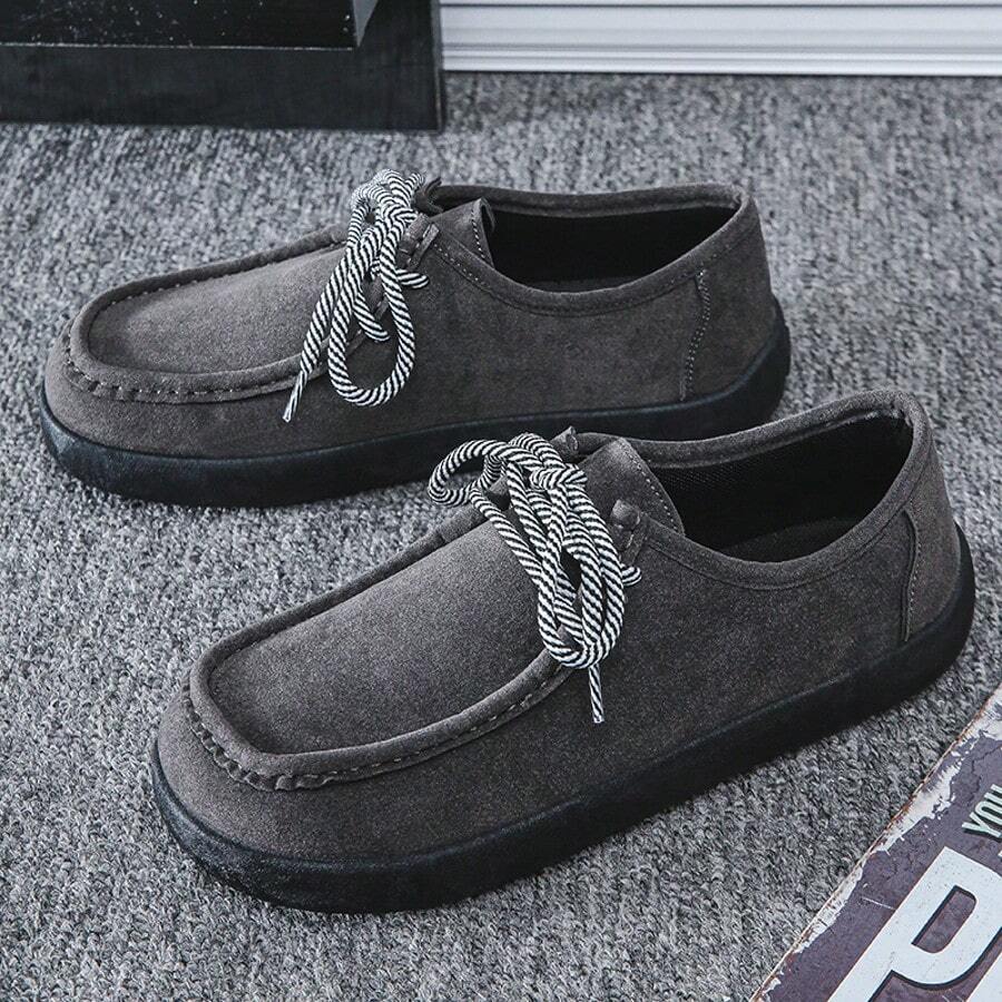 Men's New Solid Color Casual Faux Leather Lace-Up Sneakers, Suitable For Office Wear In Autumn