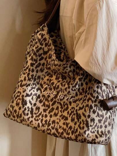 Bolsa Tote Feminina 2025 Warm Undercurrent, Grande Capacidade, Estilo Moderno, com Estampa de Leopardo, Ideal para Outono e Inverno.