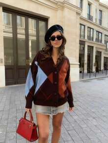 Nouveau cardigan femme mode automne et hiver, col V, couleur mélangée, motif à carreaux et diamants