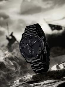 男士腕表四件套，黑色阿拉伯数字石英表，合金材质，包含一条男士时尚手链、一条项链和一枚戒指，适合工作和日常佩戴，情人节男士腕表首饰套装 - 黑色 - 查看 2