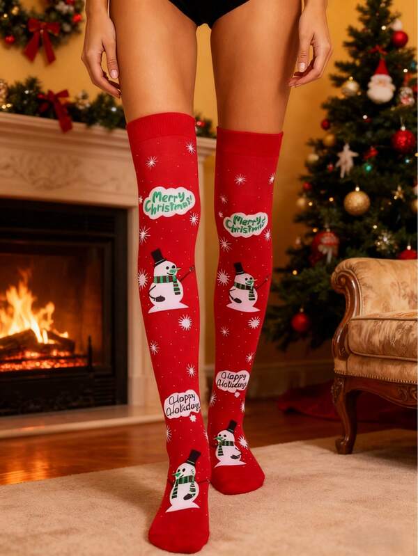 Chaussettes hautes de Noël pour femmes, motifs festifs, bas hauts de cuisse, réchauffe-jambes tricotés thématiques de vacances, chaussettes hautes élastiques de saison