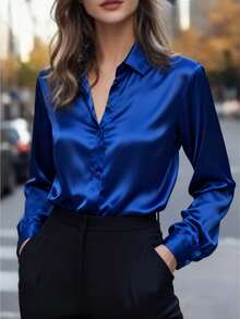 女士丝滑蓝色纽扣长袖衬衫领上衣，优雅涤纶面料，常规版型，春季款 - 寶藍色 - 查看 5