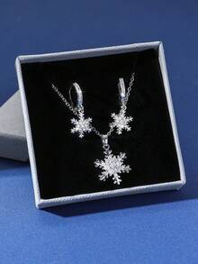 3 件套铜方晶锆石雪花项链和耳环首饰套装，休闲欧美风格圣诞礼物 - 銀色 - 查看 14