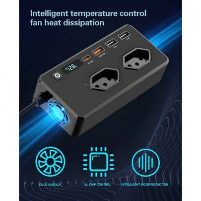 Inversor de Tensão Veicular 12V para 110V 350W 2 TOMADAS 3 USB 1 TIPO-C Display Digital Proteções Completas