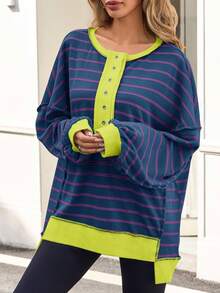 Womens Loose Fit Striped Henley Waffle Knit Pullover Casual Sweatshirt Tops - 藏蓝色 - 查看 5