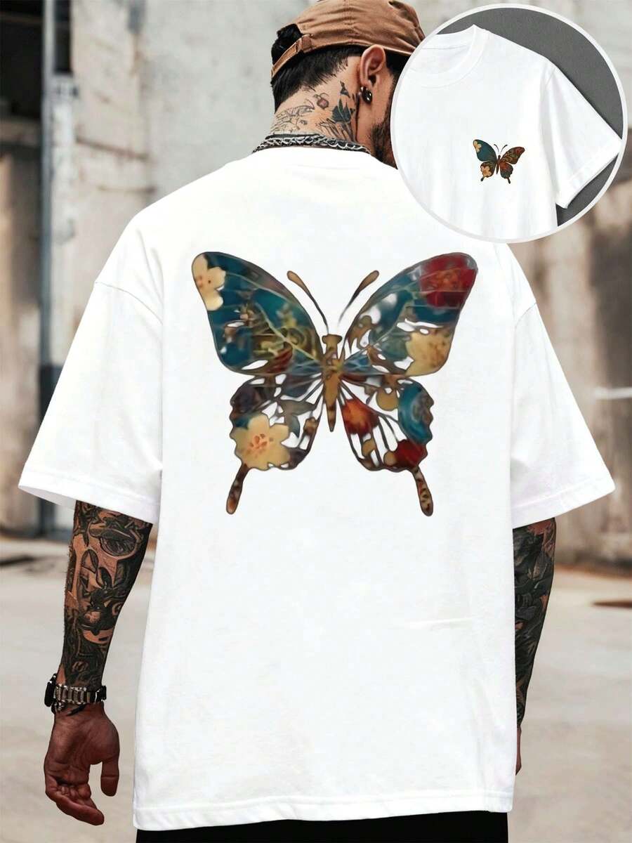 PLUS SIZE Floral Pattern Butterfly Tshirt Breathable Double Sided Printed Fabric Easy Care Slim Fit Essential  Lightweight Essential - White - View 1