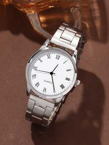 6 Stücke modische und vielseitige Quarz-Damenuhr, rundes römisches Zifferblatt, Goldstahlarmband, kombiniert mit Herz-förmigem Diamant-Armband, Halskette, Ohrringe, Ring Schmuckset, geeignet für den täglichen und Urlaubsgebrauch, als Geschenk