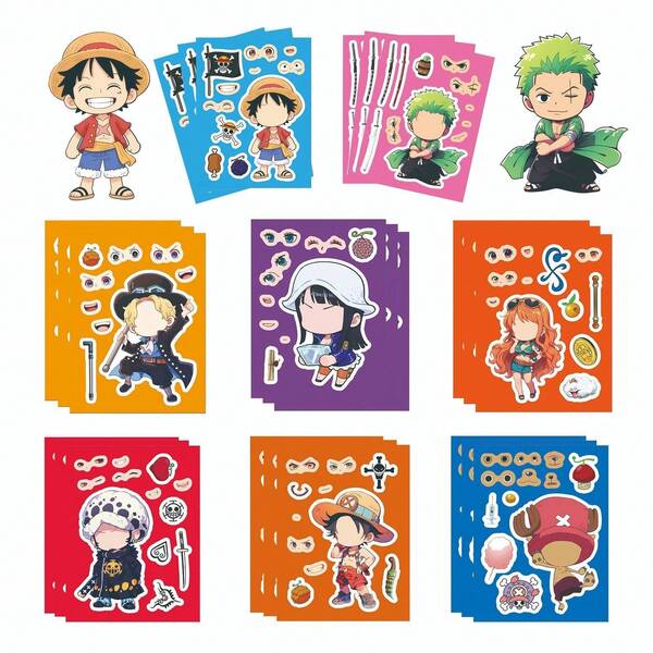 ONE PIECE 8 PIEZAS Pegatinas de rompecabezas Luffy DIY lindas, juguetes de pegatinas divertidas perfectos para fiestas, regalos de Navidad, regalos de Halloween