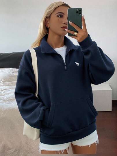 Livesso 女式休闲拼色翻领保暖内衬宽松运动衫，春季