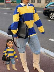 Fall Women Clothes Casual Y2K Fashion Casual College Style Simple Street Daily Multi-Color Clashing Stripes Splicing Lapel Button Up Polo Women Design Long Sleeve Loose Pullover Sweatshirt,Winter Tops,Christmas,Homecoming Going Out Tops - Multicolor - View 3