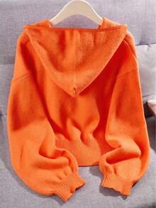女式纯色休闲长袖连帽针织开衫，秋冬 - 珊瑚橙 - 查看 3