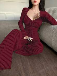 abyoxi Apricot Color Sexy Twist Corset Tie-Up Asymmetric Hem Long Sleeve Top & Wide Leg Pants Two Pieces Set With Stripe Jacquard Fabric For Hot Girl Young Hot Style Casual Commute Fall/Winter New Women's Clothing