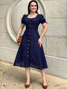 Women's Midi Dress, Casual, Elegant, Cotton, Daily - 藏蓝色 - 查看 9