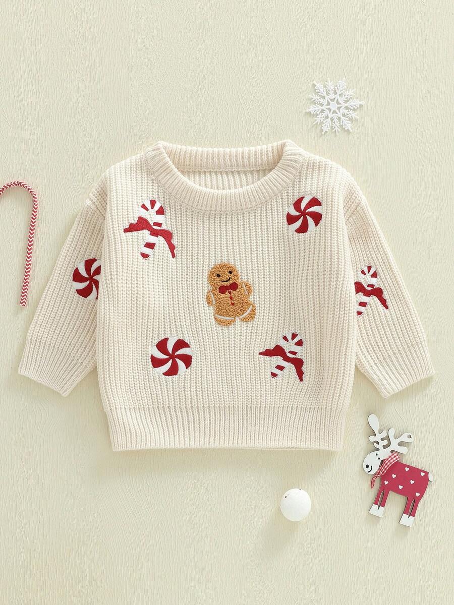 Long Sleeve Knitted Tops For Fall WinterToddler Baby Christmas Sweater Candy Gingerbread Man Embroidered Ribbed - Beige - View 1