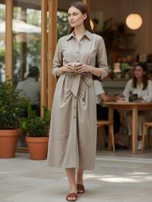 ​Vestido camisero midi de manga tres cuartos con puños abullonados cinturón de tela con lazo estampado marinero náutico cuerdas brújulas estrellas de mar banderas cuello camisero abotonado bolsillos laterales costuras detalladas elegante estilo vintage casual verano primavera otoño playa crucero. - Camel - Ver 5
