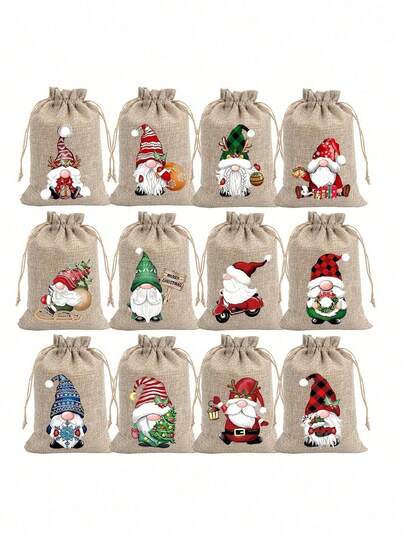 12pcs Christmas Burlap Gift Bags | Santa Claus Linen Drawstring Bag Set For Holiday Party Gifts And Jewelry Storage - Suitable For Christmas And New Year Party Supplies(3/6/12pcs)