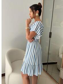 Women's Striped Short Dress With Puff Sleeves And Ruffles - Casual And Elegant Summer Fashion. Ruched Ruffle Hem - Teal Blue - View 2