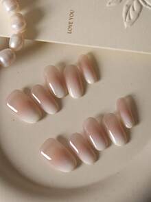 10片装按压式假指甲，短款奶油黄猫眼极简极光渐变闪亮办公日常佩戴假指甲套装，包含1张粘合贴片和1个迷你指甲锉，手工制作按压式假指甲 - 彩色 - 查看 3