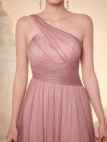 Mgiacy New Off-Shoulder Solid Bridesmaid Dress, Sheer Mesh Ruffle High Slit Maxi Dress Wedding Pink - Pink - View 6