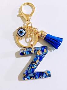 26pcs Bohemian Style Gemstone Blue Resin Letter Keychains, Bag Charms With Evil Eye And Tassel Decor, Holiday/Birthday Party Favors Christmas Gift Car Accessories Teacher Friend Sister Gift Ideas - Royal Blue - View 23