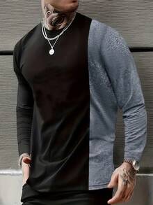 Men's Regular Fit Long Sleeve T-Shirt With Color Block Design, Casual Sports Wear For Spring And Autumn, Suitable For Husband Or Boyfriend Gift, Street, Commute, Outdoor, Holiday - Multicolor - View 1