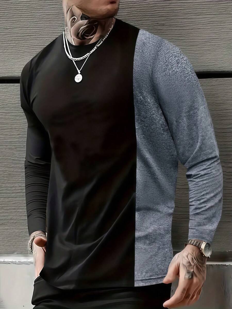 Men's Regular Fit Long Sleeve T-Shirt With Color Block Design, Casual Sports Wear For Spring And Autumn, Suitable For Husband Or Boyfriend Gift, Street, Commute, Outdoor, Holiday - Multicolor - View 1