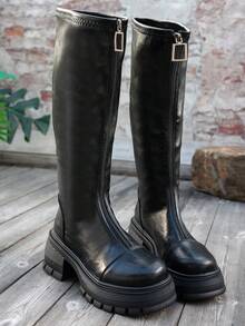 2025新款女士制服靴，圆头粗跟中筒靴，前拉链设计，防水厚底，四季皆宜，黑色中筒靴，适合日常户外通勤，时尚女士高筒靴，轻便材质 - 黑色 - 查看 4