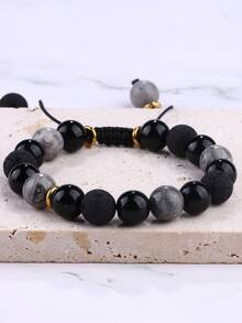 Natural Stone & Stainless Steel Beaded Bracelet, Woven Design, Fashionable & High-End, Luck Charm, Gift For Boyfriend